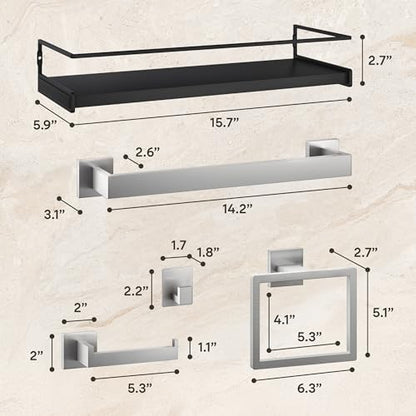Brushed Nickel Bathroom Accessories Set with 15.7" x 5.9" Shelf, 6 Pcs (5+Shelf) - color: Brushed Nickel