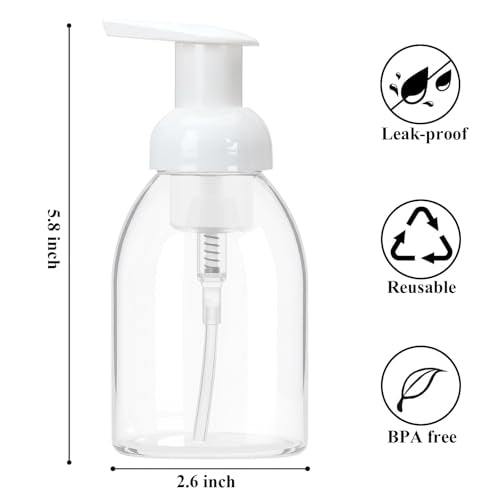 3 Pack 8oz Foaming Soap Dispenser BPA Free Clear Plastic Refillable Pump Bottle for Liquid Shampoo and Hand Soap