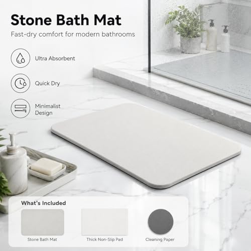 Stone Bath Mat Quick Dry, Diatomaceous Earth Bath Mat Non Slip Absorbent Floor Mat, Diatomite Stone Drying Mat for Bathroom Comes with Non-slip Pad and Sandpaper (Dark Gray, 24" x 15.5" x 0.4") - color: Dark Gray