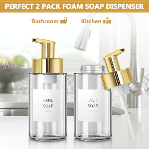 RYTOXILO Foaming Soap Dispenser, 10 oz/300ml Gold Soap Dispenser, 2 Pack Glass Foaming Hand Dispenser for Bathroom & Kitchen, Refillable Foam Bottle with Waterproof Labels - color: Clear Bottle, size: 10 Fl oz with Gold Pump