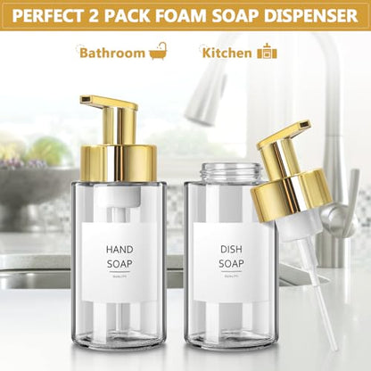 RYTOXILO Foaming Soap Dispenser, 10 oz/300ml Gold Soap Dispenser, 2 Pack Glass Foaming Hand Dispenser for Bathroom & Kitchen, Refillable Foam Bottle with Waterproof Labels - color: Clear Bottle, size: 10 Fl oz with Gold Pump