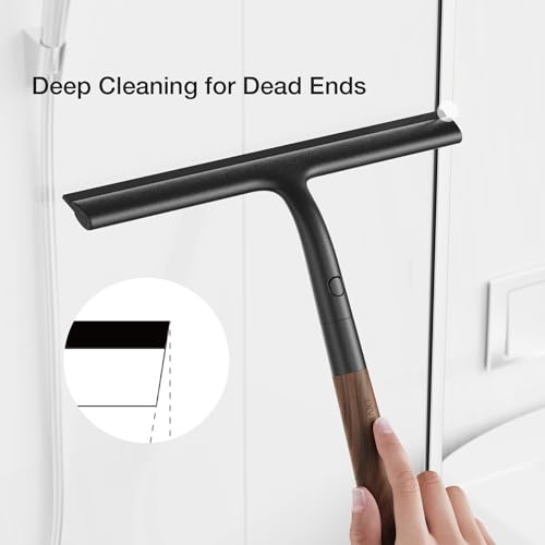 Shower Squeegee for Glass Doors, Streak-Free Silicone Window Cleaner with Detachable Wood Handle & Hook, Rust-Proof Bathroom Squeegee for Mirror, Tile Wall, Car Windshield, 10 Inch Black