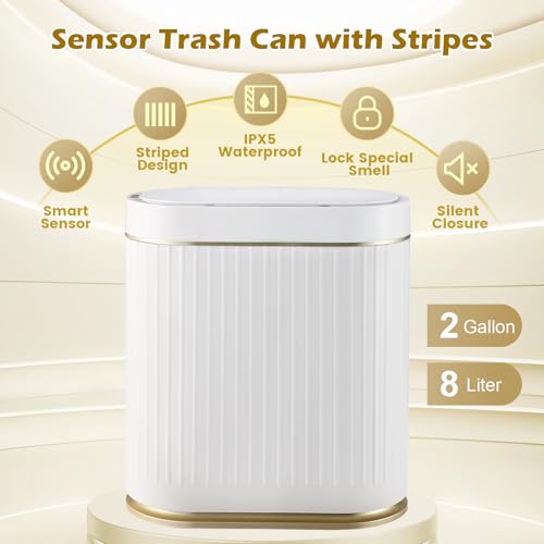 SYNCVIBE Bathroom Trash Can with Lid, 2 Gallon, Motion Sensor | Automatic Garbage Can, 7.5 Liter Smart Trash Bin, Narrow Plastic Wastebasket for Bedroom, Office and Living Room - color: Golden