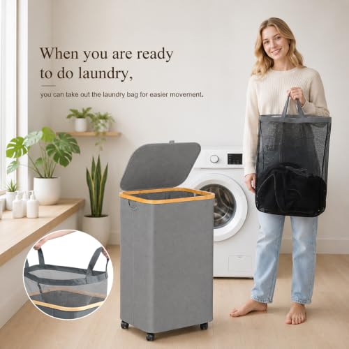 Laundry Hamper with Wheels and Lid 75L, Removable Inner Bag, Collapsible, Grey - color: Grey, size: 75L