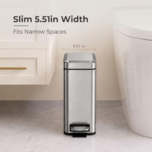 Sineng Bathroom Trash Can with Lid Soft Close, 1.6 Gallon Stainless Steel Small Pedal Garbage Can with Removable Inner Bucket, Waste Bin for Kitchen Bedroom, Compact Toilet Trash bin - color: stainless steel