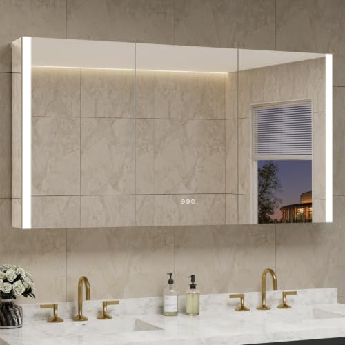 60 x 32 Inch Medicine Cabinet with Mirror and LED Light for Bathroom | Recessed, Wall-Mounted, Dimmable, Anti-Fog, Memory Function, 3 Color Mode, Outlet&USB, Adjustable Shelf, ETL Listed, Aluminum - size: 60x32 Triple Door