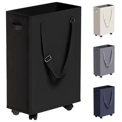 45L Slim Rolling Laundry Basket with Wheel & Adjustable Long Handles, Black | Small Laundry Baskets with Mesh Top, Narrow Dirty Clothes Hamper for Bedroom, Closet, and Bathroom - color: Black - Rolling, size: 45L