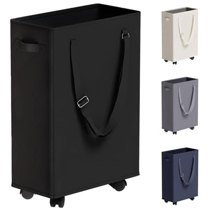 45L Slim Rolling Laundry Basket with Wheel & Adjustable Long Handles, Black | Small Laundry Baskets with Mesh Top, Narrow Dirty Clothes Hamper for Bedroom, Closet, and Bathroom - color: Black - Rolling, size: 45L