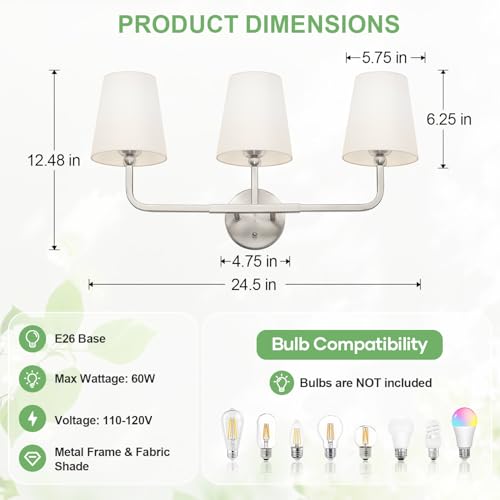 MOKATNG Bathroom Light Fixtures, 3-Light Brushed Nickel Vanity Lights, Bathroom Lighting Fixtures Over Mirror with Flared White Fabric Shade, Modern Wall Sconces for Living Room Hallway - color: Brushed Nickel & White Shade