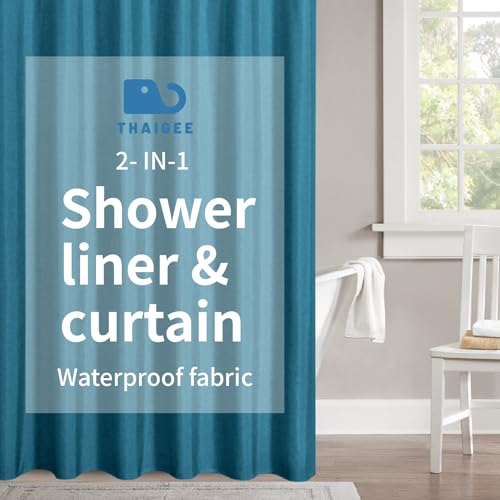 2-in-1 Waterproof Fabric Shower Curtain,No Separate Liner Needed,Linen Textured,Effortless Cleaning & Washable Bathroom Shower Curtain Set with 12 Plastic Hooks,72"x72",Ocean Blue - color: Ocean Blue, size: 72"W x 72"L (Pack of 1)
