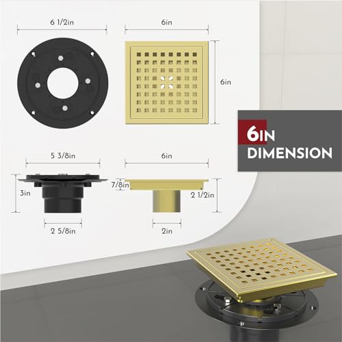6 Inch Square Shower Floor Drain with Flange,Quadrato Pattern Grate Removable,Food-Grade SUS 304 Stainless Steel,Watermark&CUPC Certified, Brushed Gold - color: Brushed Gold, size: 6 Inch