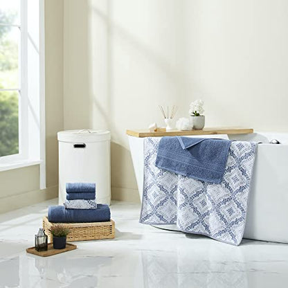 Modern Threads Capri 6-Piece Reversible Yarn Dyed Jacquard Towel Set - Bath Towels, Hand Towels, & Washcloths - Super Absorbent & Quick Dry - 100% Combed Cotton, Denim - color: Denim, size: Small, style: Soft Geometric