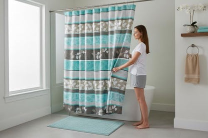 Serafina Home Hotel Quality Fabric Bathroom Shower Curtain: Striped Floral - Teal, Blue, Brown, Beige and White (72 x 70 inches) - color: Striped