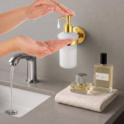 1 Pack Hand Soap Dispenser Wall Mount Bathroom Glass Soap Dispenser Pump Bottle with Stainless Steel Pump for Kitchen Bathroom Countertop (Gold) - color: Gold