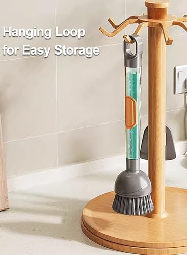 Soap Dispensing Dish Brush with Handle, 360° Rotating Head, 5-Piece Kitchen Cleaning Set (2 Brush Heads & 3 Sponges), Non-Scratch Scrubber for Pot, Pan, Sink, Leak-Proof Dishwand, Grey - color: Gray