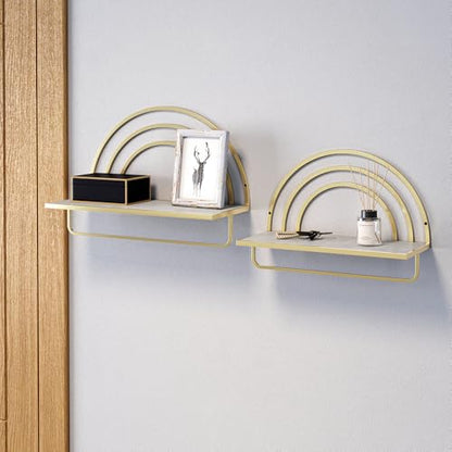 Oakrain Gold Wall Shelf with Arched Metal Frame, Set of 2, 13"&16" | Rustic Wood Floating Shelves, Farmhouse Towel Rack for Bathroom, Entryway, Living Room, Bedroom - color: Gold