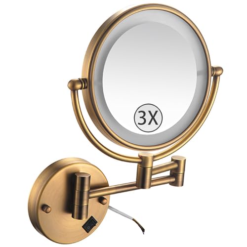 Wall Mounted Lighted Makeup Mirror, Hardwired 2-Sided Magnifying Vanity Mirror, Extended Arm 360 Rotation LED Cosmetic Mirror,Brass,3X - color: Brass, size: 3X