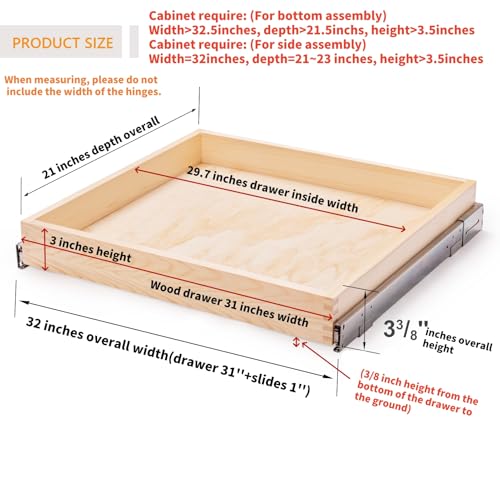 32''W x 21''D x 3''H Pull Out Cabinet Drawer Soft Close Slide Out Wood Organizer for Kitchen, Finished, Bottom and Side Assembly (Wood Drawer Part Width is 31inch) - size: 32”W x 21”D