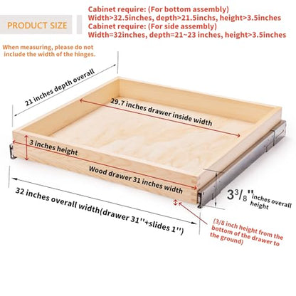 32''W x 21''D x 3''H Pull Out Cabinet Drawer Soft Close Slide Out Wood Organizer for Kitchen, Finished, Bottom and Side Assembly (Wood Drawer Part Width is 31inch) - size: 32”W x 21”D