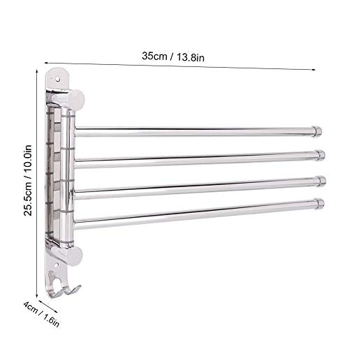 4 Rods Swivel Towel Rack, 13.8inch Stainless Steel Swing Out Towel Holder Wall Mounted Towel Holder with Hook for Kitchen, Bathroom, Outdoor