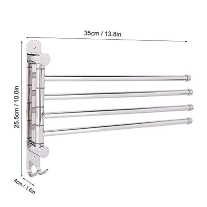 4 Rods Swivel Towel Rack, 13.8inch Stainless Steel Swing Out Towel Holder Wall Mounted Towel Holder with Hook for Kitchen, Bathroom, Outdoor