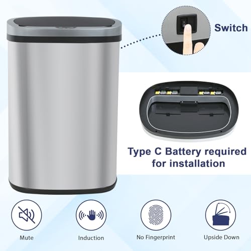 Kitchen Trash Can 13 Gallon Touchless Trash Bin with Lid,Stainless Steel | Automatic Motion Sensor Bathroom 50 Liter Trash Can ,Garbage Can Waterproof Garbage Bin Wastebasket for Toilet,Bedroom - color: Stainless Steel