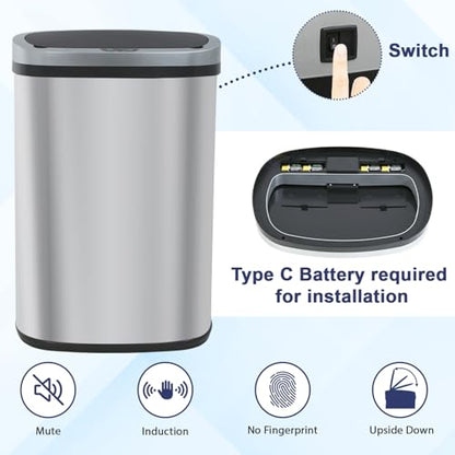Kitchen Trash Can 13 Gallon Touchless Trash Bin with Lid,Stainless Steel | Automatic Motion Sensor Bathroom 50 Liter Trash Can ,Garbage Can Waterproof Garbage Bin Wastebasket for Toilet,Bedroom - color: Stainless Steel