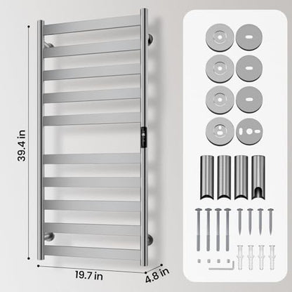 Electric Towel Warmer Rack, 10-Bar Stainless Steel Heated Tower Rack with Built-in Timer, Wall Mounted, Plug-in/Hardwired (Silver) - color: Silver