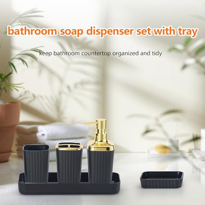 9 PCS Black Bathroom Accessories Set with Trash Can Bathroom Accessory | All-in-One Kit with Trash Can,Toothbrush Holder,Soap Dispenser,Toothbrush Cup,Vanity Tray,Soap Dish,Toilet Brush etc for Home - color: Black