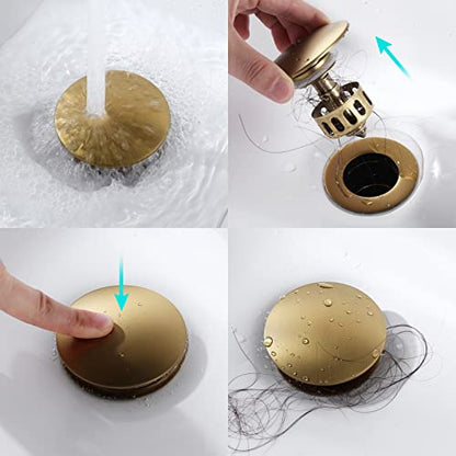 KAIYING Pop Up Drain, Bathroom Vessel Sink Drain | with Overflow, Detachable Basket Drain Stopper Assembly, Anti-Clogging & Anti-Explosion Drain Strainer, Brushed Brass - color: Brushed Brass, style: With Overflow