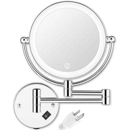 Wall Mounted Makeup Mirror with Magnification, 8" 1X/10X Magnifying Mirror Wall Mounted for Bathroom, 3 Color Light, Touch Dimmable, 360° Swivel, Extendable Arm, 2-Sided, Plug-in & Hardwire
