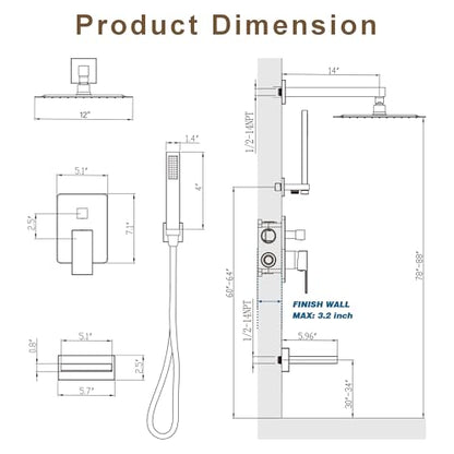 Gold Tub Shower System with 12" Rain Head, Handheld & Valve Kit | All-Metal Tub Shower Faucet Set, Wall Mounted Rain Showerhead, Handheld Spray, Includes Valve and Trim Kit, Brushed Gold - color: Brushed Gold 12