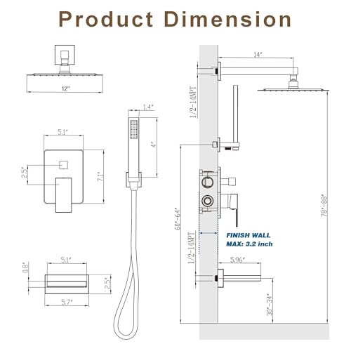 Gold Tub Shower System with 12" Rain Head, Handheld & Valve Kit | All-Metal Tub Shower Faucet Set, Wall Mounted Rain Showerhead, Handheld Spray, Includes Valve and Trim Kit, Brushed Gold - color: Brushed Gold 12