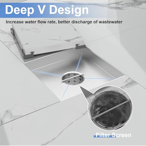 6 Inch Square Shower Drain-Brushed Nickel, with Tile Insert Grate | AISI 304 Stainless Steel Shower Drain, Shower Floor Drain with Hair Catcher, Fits Bathroom, Balcony - color: Brushed Nickel, size: 6 Inch