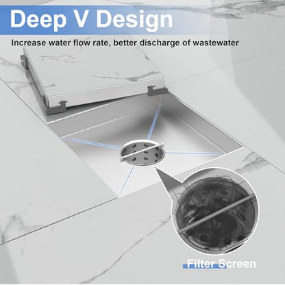 6 Inch Square Shower Drain-Brushed Nickel, with Tile Insert Grate | AISI 304 Stainless Steel Shower Drain, Shower Floor Drain with Hair Catcher, Fits Bathroom, Balcony - color: Brushed Nickel, size: 6 Inch