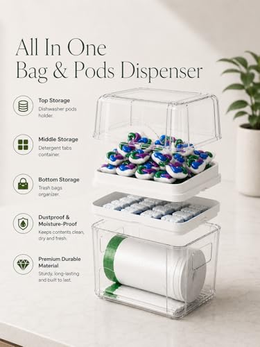 Trash Bag Dispenser & Dishwasher Pods Organizer, Clear Acrylic Garbage Bag Holder Under Sink Organizer With Removable Lid, Laundry Pods Container for Kitchen Pantry Laundry Room (3IN1 Dispenser) - size: 3IN1 White Dispenser