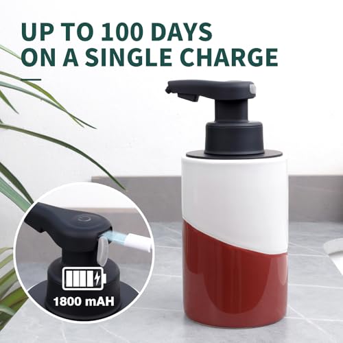 BosilunLife Automatic Soap Dispenser Ceramic Hand Free Soap Dispenser Pump Rechargeable Smart Electric Soap Lotion Dispenser Touchless for Kitchen Bathroom (White-Red, Foam Pump) - color: White-red (Foam)