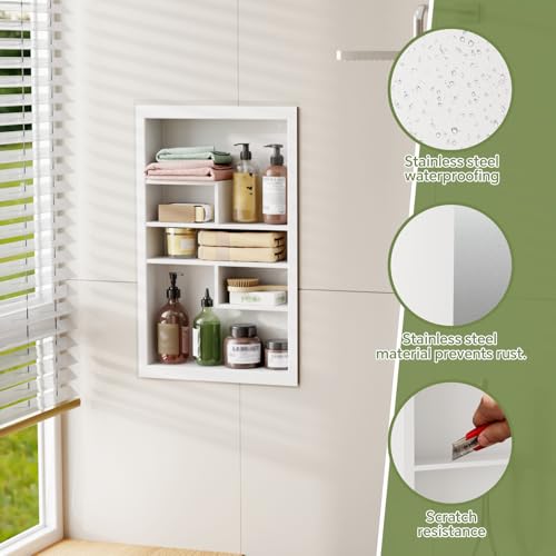 14x24 Medicine Cabinet Recessed Stainless Steel, with 5 Compartments Medicine Cabinet Organizer, Stainless Steel Wall Niche, Bathroom Wall Cabinet, Recessed Bathroom Cabinet, White - color: White, size: New Design 3-Tier