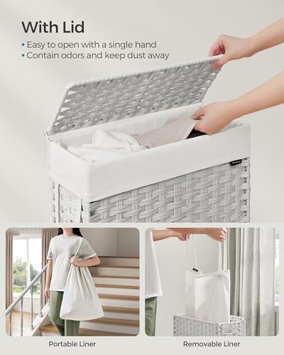 SONGMICS Slim Laundry Hamper with Lid, 14.5 Gallon (55L) Rattan Clothes Laundry Basket with Lid and Handles, Foldable, Removable Liner, Cloud White ULCB164W01 - color: Cloud White, size: 55 L