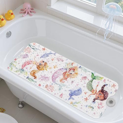 Topotdor Kids Bathtub Mat Non Slip, Tub Mat with Suction Cups 40x16 Inch | Nautical Mermaid Bath Mats for Baby , Extra Long Washable Bath Tub Mat with Drain Holes for Bathroom inside Tub - color: Pink Mermaid
