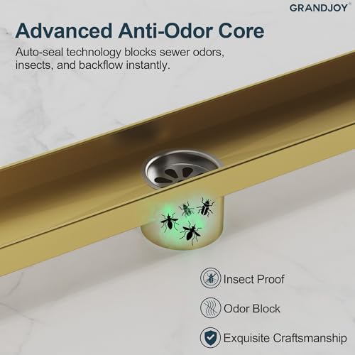 24 Inch Linear Shower Drain, Brushed Gold Rectangular Floor Drain with Removable Grate, SUS304 Stainless Steel, High Flow Capacity and cUPC Certified - color: Brushed Gold, size: 24