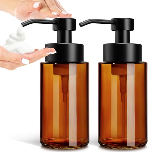 GMISUN Glass Foaming Soap Dispenser, 10 Fl oz / 300ml Amber Glass Soap Dispenser for Bathroom & Kitchen, 2 Pack Modern Refillable Foam Hand Soap Dispensers, Bathroom Hand Soap Dispensers with Labels - color: Amber Bottle, size: 10 Fl oz