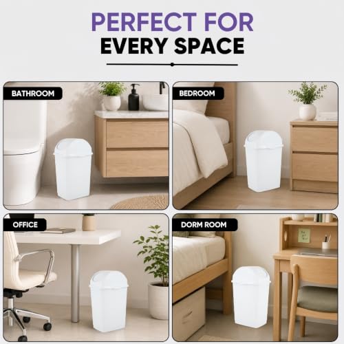 Superio Small 2.5 Gallon Plastic Trash Can with Swing Top Lid, Compact Slim Waste Bin for Under Desk, Office, Bedroom, Bathroom, Dorm Room, 10 Qt. Portable Garbage Can (White) - size: 2.5 Gallon, style: 1 Pack