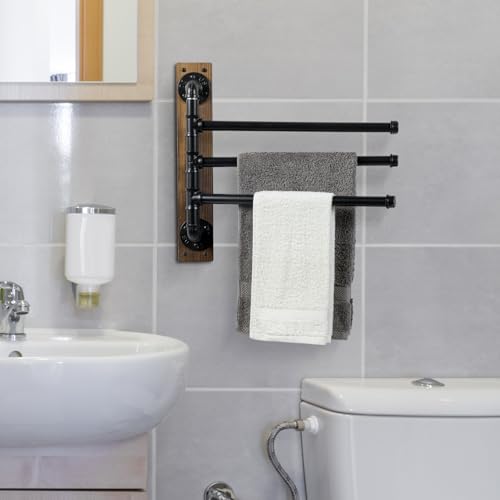 MyGift Wall Mount Swivel Towel Rack with 3 Tier Metal Pipe Bars & Wood Base | Swing-out design keeps towels organized and accessible while adding rustic industrial style to bathrooms, and pools areas - color: Burnt Wood / Black