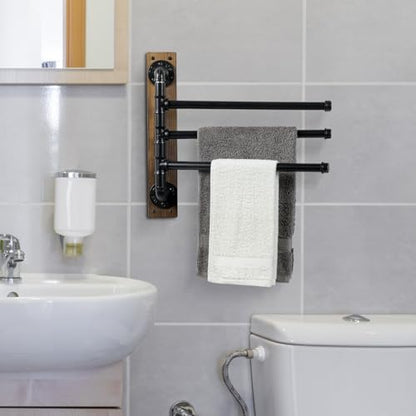 MyGift Wall Mount Swivel Towel Rack with 3 Tier Metal Pipe Bars & Wood Base | Swing-out design keeps towels organized and accessible while adding rustic industrial style to bathrooms, and pools areas - color: Burnt Wood / Black