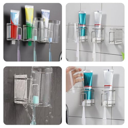 Mobestech Nail-Free Stainless Steel Toothbrush Holder Wall Mounted Bathroom Organizer with Toothpaste Storage Rack and Rinsing Cup for Home Bathroom Accessories