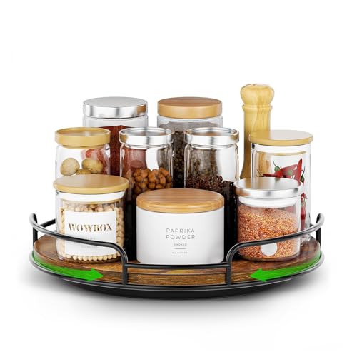 WOWBOX 9" Wood Lazy Susan Turntable Organizer for Cabinet, Pantry & Counter | Smooth 360° Rotation, Space-Saving Wooden Organizer for Spice Jars, Kitchen, Bathroom, Vanity & Tabletop - size: 9"