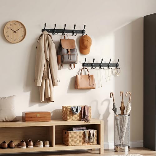 YUNISS Coat Rack Wall Mounted，5 Tri Stainless Steel Coat Hook for Coat Hat Robes Towel in Mudroom Entryway (Black, 2 Pack 5 Hook) - color: Black, size: 2 Pack 5 Hook