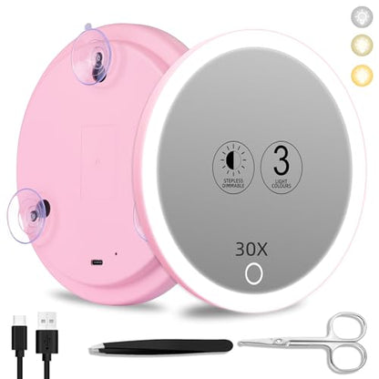 30x Magnifying Mirror With Light, Rechargeable 3 Color Modes Dimming Large 6'' Lighted With Suction Cups, Travel Makeup Magnification With Tweezers & Scissors - color: 30x -Pink