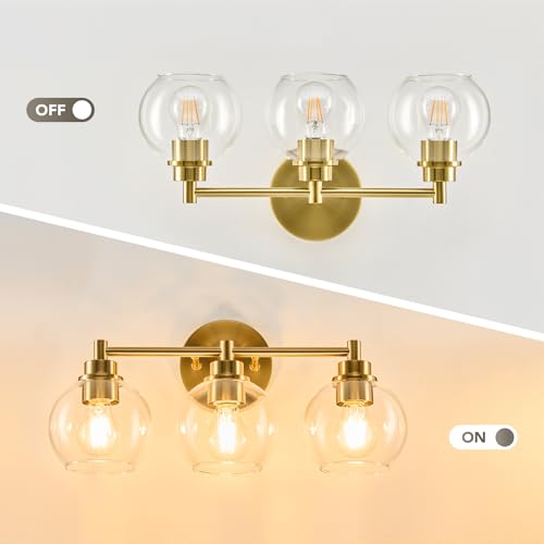 VONLUCE 3 Light Bathroom Vanity Light Fixtures, Gold Finish | Globe Glass Shades, E26 Sockets, Easy to install, Vanity Lights for Bedroom Hallway Living Room - color: Gold, size: 3-Light